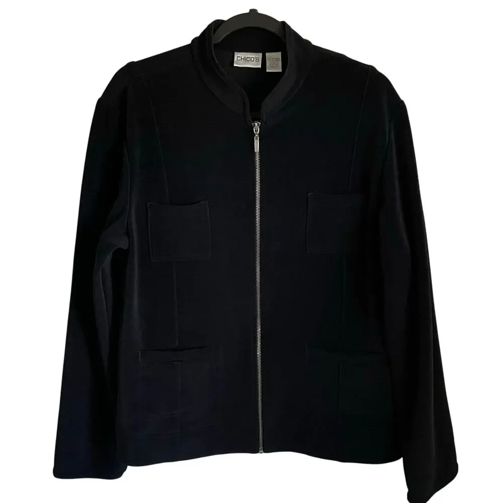 Chico’s Full Zip Black Jacket Sz L Stretch Knit Minimalist Normcore Staple